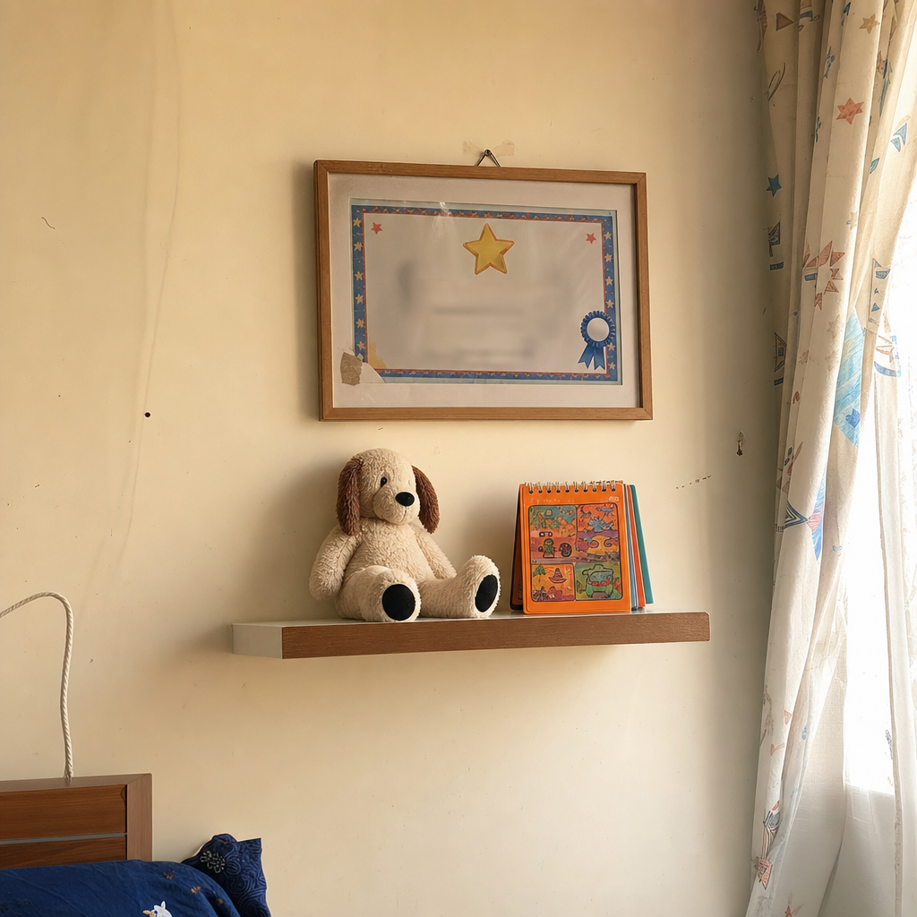 PHOTO: Framed Little Reader certificate on a child bedroom wall.