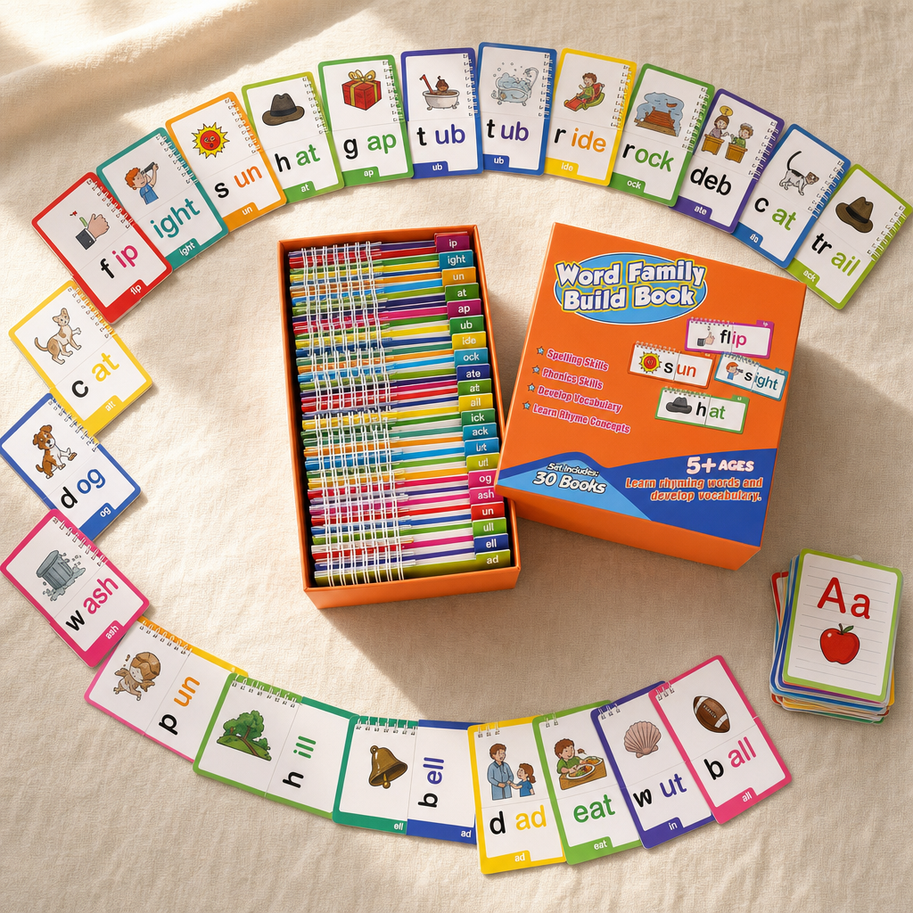 PRODUCT PHOTO: The orange box opened, all 30 flip-books fanned out around it on warm cream linen. Top-down shot, soft natural light, hand-drawn arrows pointing to each component with small Arabic labels.