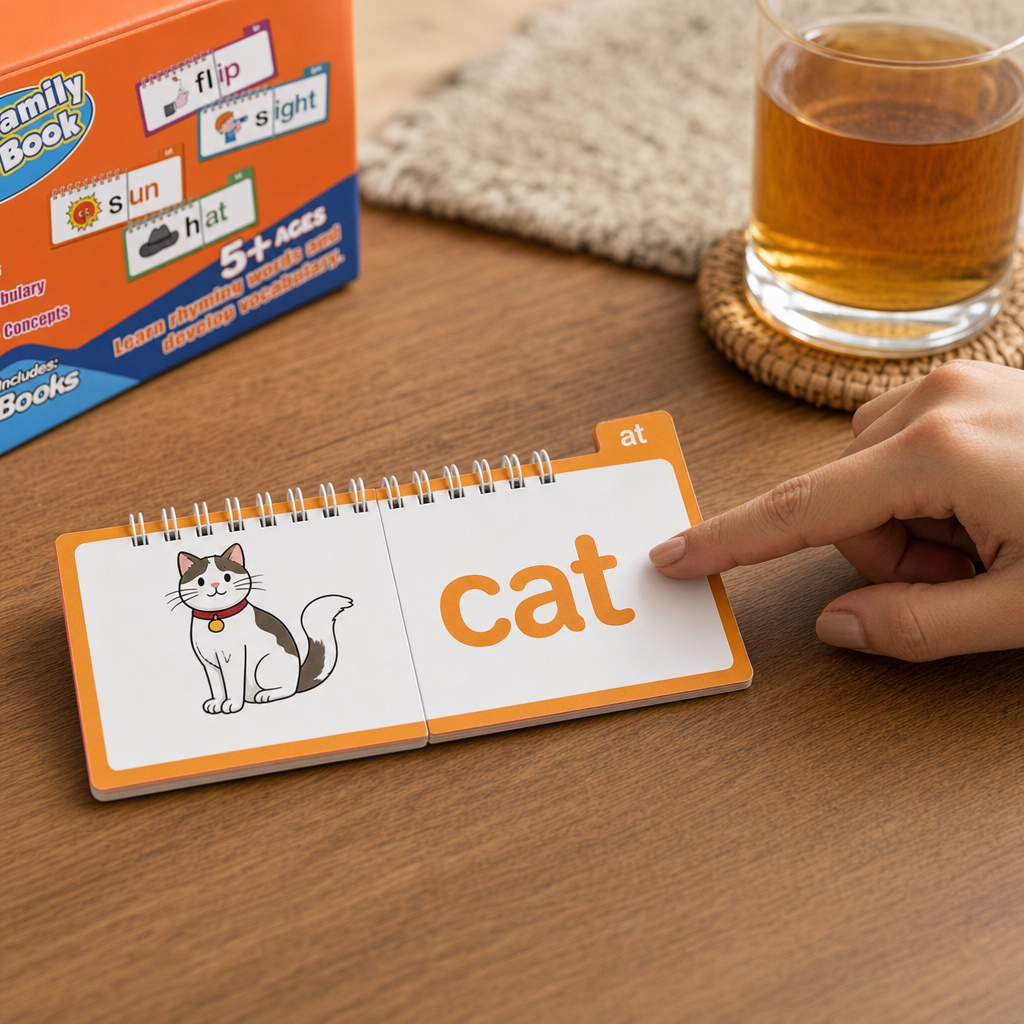 ILLUSTRATION: A flip-book open at the word 'cat' with a cartoon cat next to it. A mother's finger pointing. صورة واقعية من آيفون في بيت عراقي دافئ (ليس استوديو ولا مخزون).