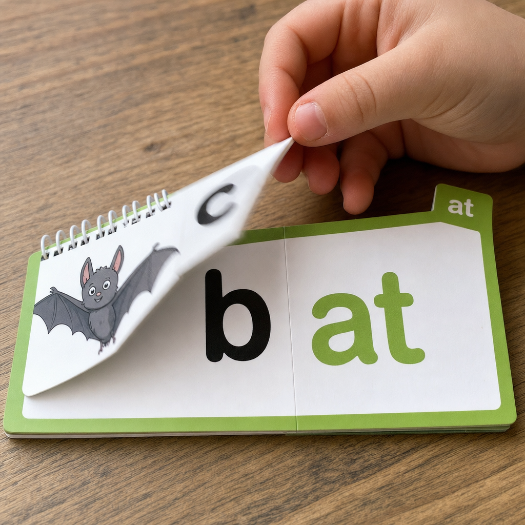 ILLUSTRATION: The same flip-book with the first letter being flipped from c to b, revealing 'bat' with a cartoon bat. A child's small hand visible. صورة واقعية من آيفون في بيت عراقي دافئ (ليس استوديو ولا مخزون).