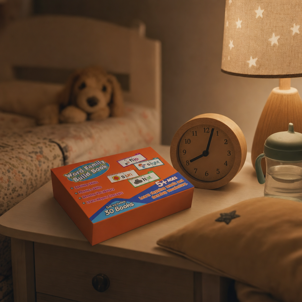 ILLUSTRATION: A small wall clock showing 3 minutes, with the closed flip-book on a child's bedside table. Calm bedtime feeling. صورة واقعية من آيفون في بيت عراقي دافئ (ليس استوديو ولا مخزون).