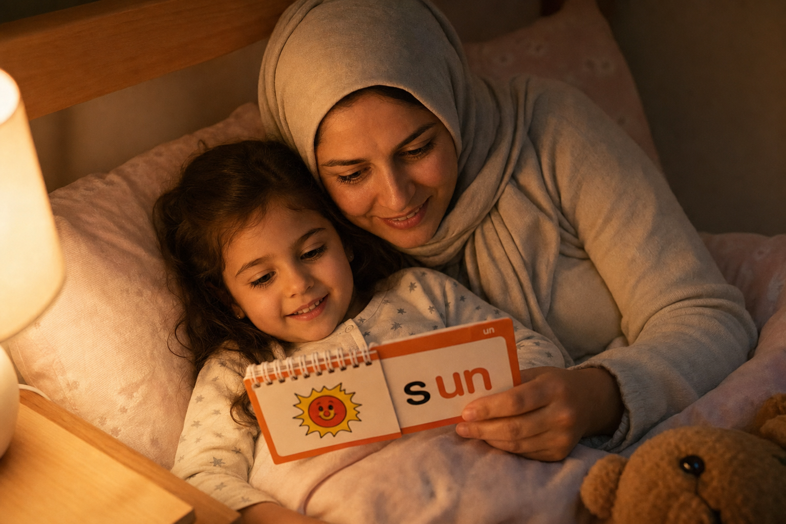 PHOTO: Iraqi mother and 5-year-old daughter reading a flip book in bed at night, warm lamp light.