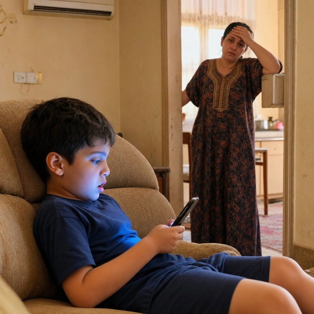 ILLUSTRATION: A child slumped on a sofa absorbed in a phone, while a tired mother watches him from the kitchen doorway. صورة واقعية من آيفون في بيت عراقي دافئ (ليس استوديو ولا مخزون).