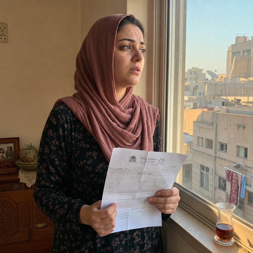 ILLUSTRATION: An Iraqi mother holding a school enrolment notice, looking out the window with worry. صورة واقعية من آيفون في بيت عراقي دافئ (ليس استوديو ولا مخزون).