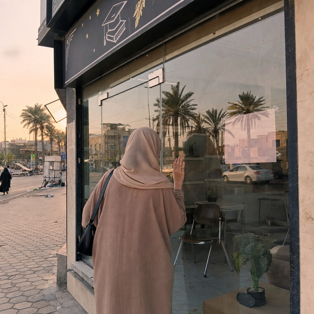 ILLUSTRATION: A mother peeking into a tutoring centre window with a price sign. صورة واقعية من آيفون في بيت عراقي دافئ (ليس استوديو ولا مخزون).