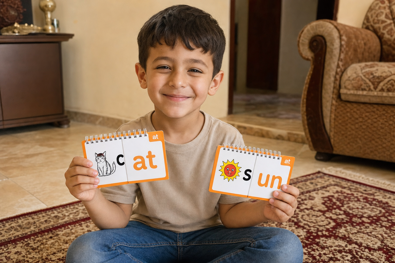PHOTO: A smiling Iraqi child, around 6 years old, holding two of the orange flip-books open and proudly showing the pages to camera. Real home setting with warm window light.
