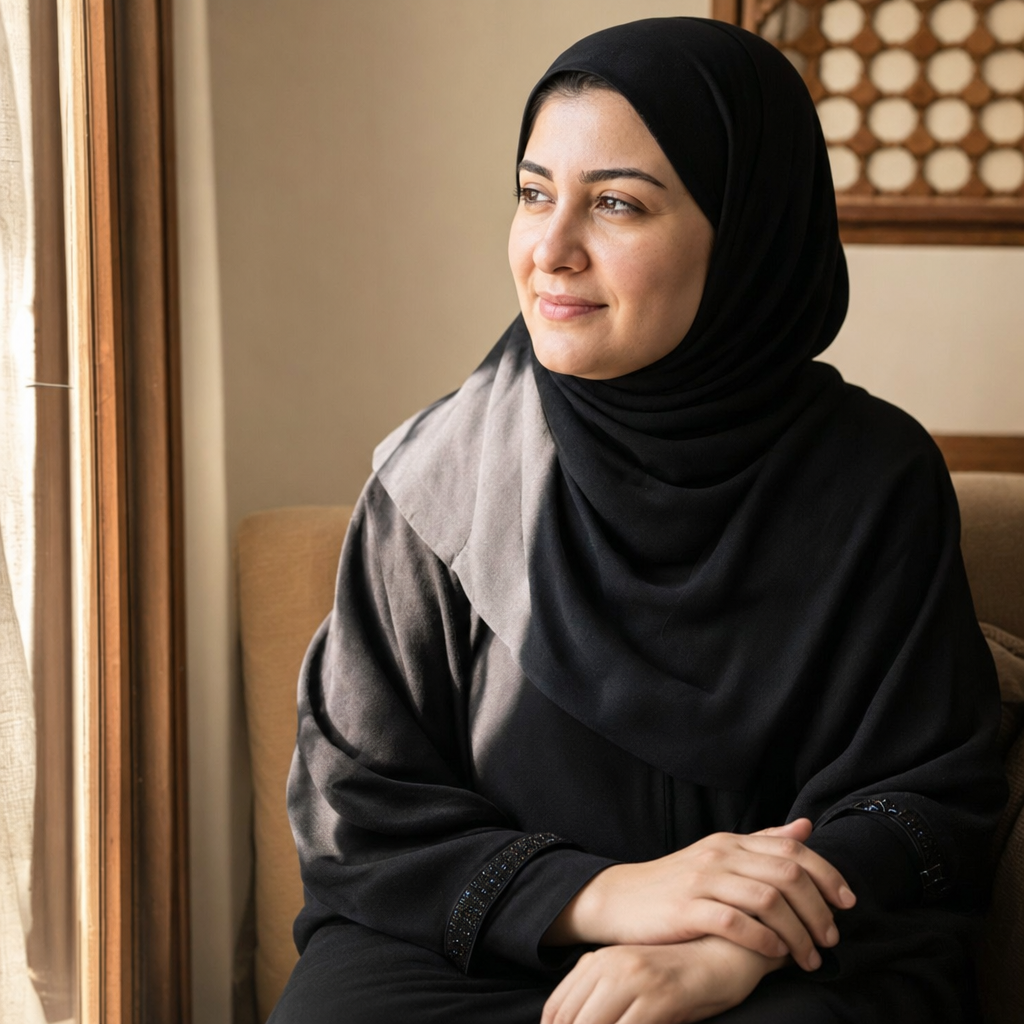 PHOTO: Iraqi mother portrait near a window, soft light.