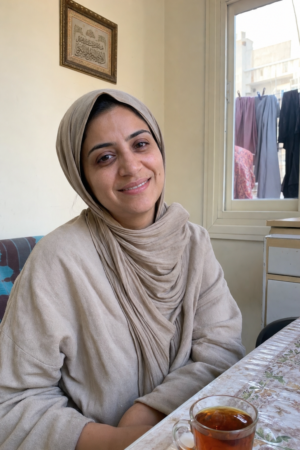 PHOTO: Real Iraqi mother portrait, around age 30, smiling warmly at the camera, soft home setting with warm window light.