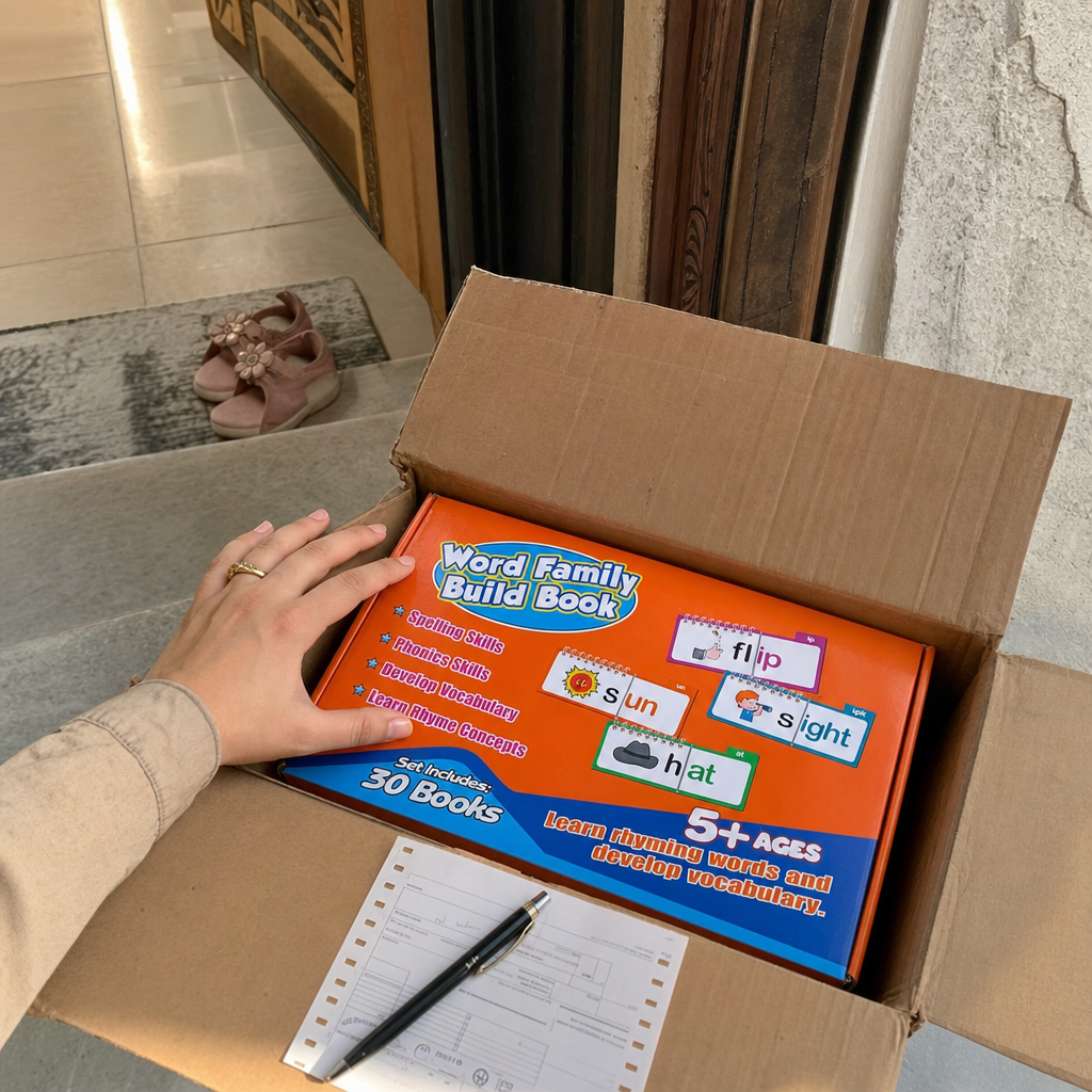 PHOTO: A mother's hand opening the cardboard delivery box at her front door, revealing the orange product inside.